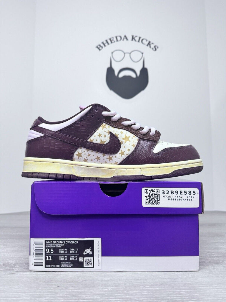 Size 9.5 Nike Supreme x Dunk OG SB QS Low Barkroot Brown DH3228-103 NEW (Custom)