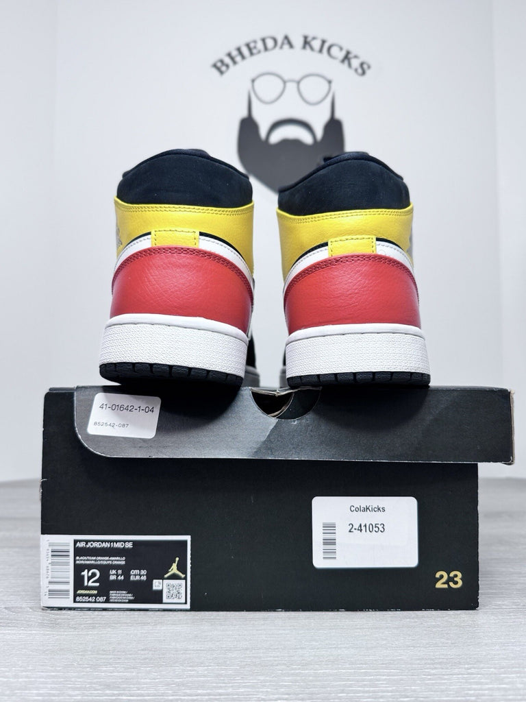 Size 12 - Nike Air Jordan 1 Mid SE Men's 852542-087 Black Amarillo Orange Shoes