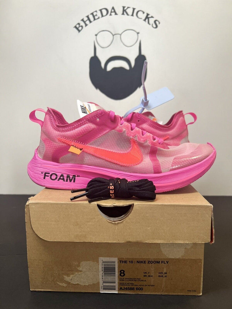 Nike Zoom Fly SP x OFF-WHITE Tulip ‘Pink’ Mens Size 8 Preowned AJ4588-600 Rare