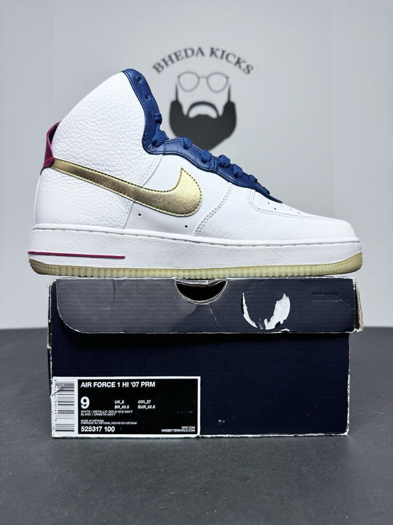 Nike Air Force 1 High Premium USA Olympic White Gold Midnight 525317-100 Size 9