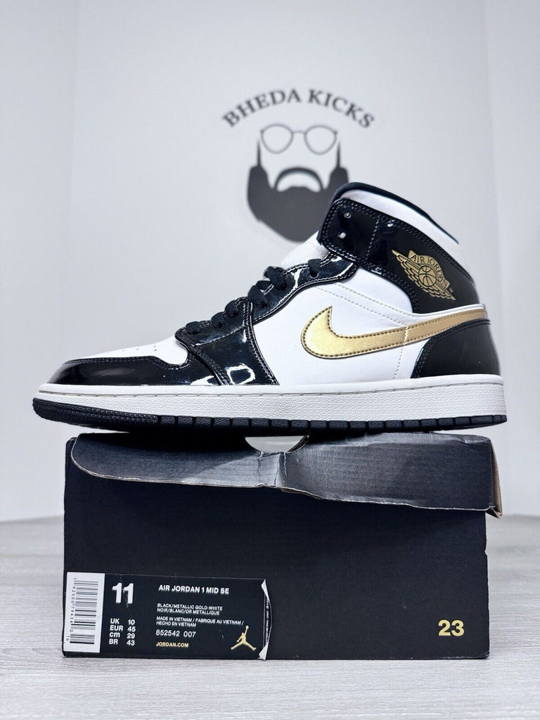 Size 11 - Jordan 1 Mid SE Patent Black Gold 852547-007 Preowned Authentic