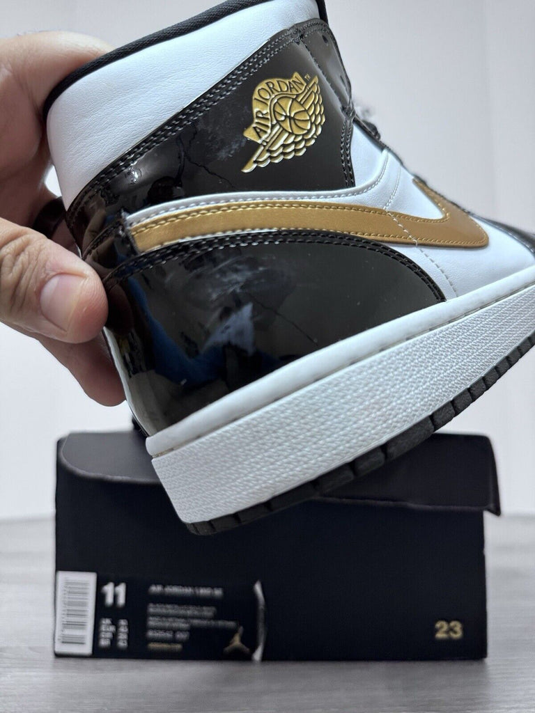 Size 11 - Jordan 1 Mid SE Patent Black Gold 852547-007 Preowned Authentic