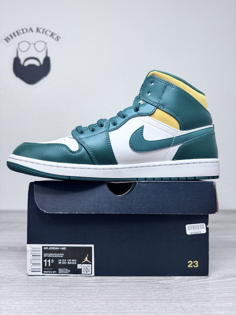 Size 11.5 - Nike Air Jordan 1 Mid Sonics Green White Yellow 554724-371 Preowned