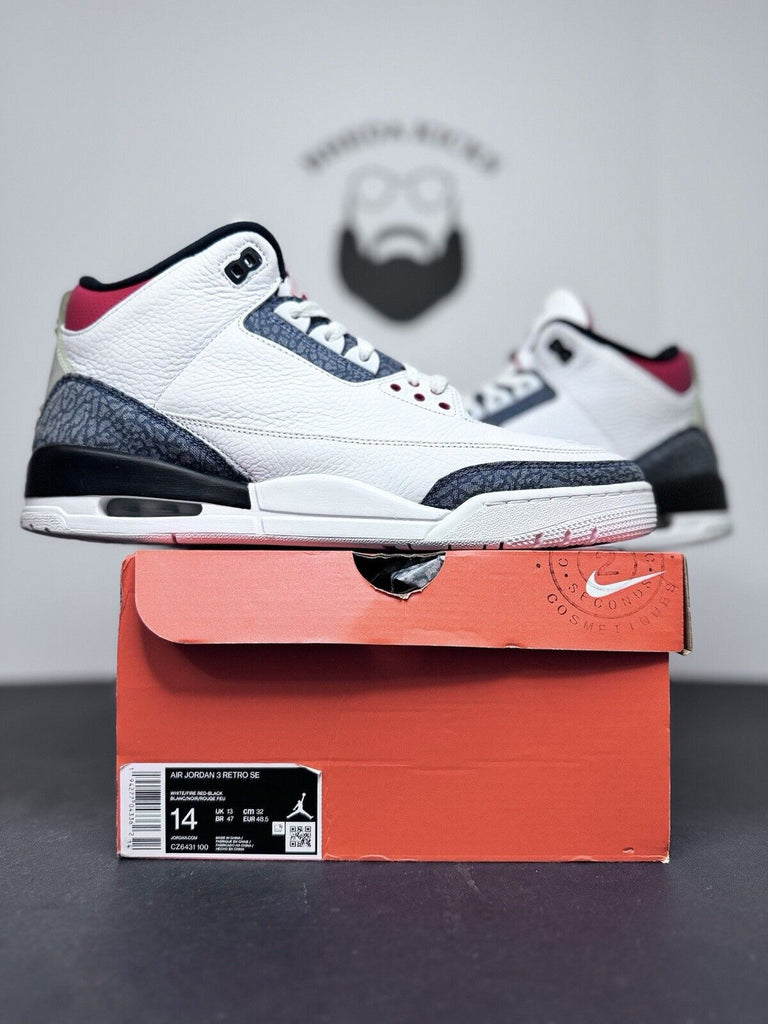 Air Jordan 3 Retro Denim SE CZ6431-100 White Fire Red Preowned Og Men’s Size 14