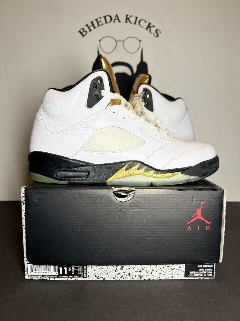 Nike Air Jordan 5 Retro White Black Olympic Gold Medal Coin 136027-133 Size 11.5