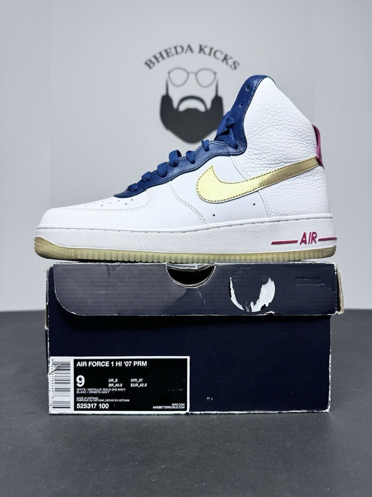 Nike Air Force 1 High Premium USA Olympic White Gold Midnight 525317-100 Size 9