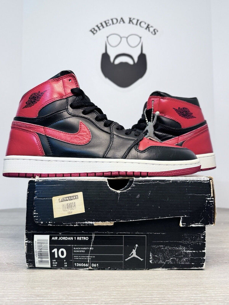 Size 10 - Air Jordan 1 Retro Bred 2001 Black Red Rare 136066-061 Preowned