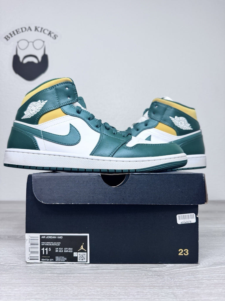 Size 11.5 - Nike Air Jordan 1 Mid Sonics Green White Yellow 554724-371 Preowned