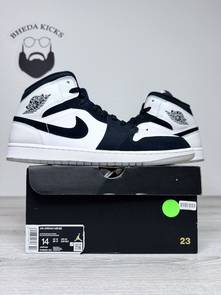 Size 14 - Nike Air Jordan 1 Mid Diamond White Black DH6933-100 Mens Sneakers