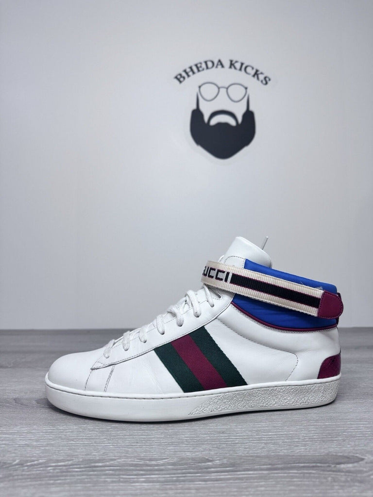 Size 9 - Gucci Stripe Ace High Top Sneakers White Preowned Authentic Rare