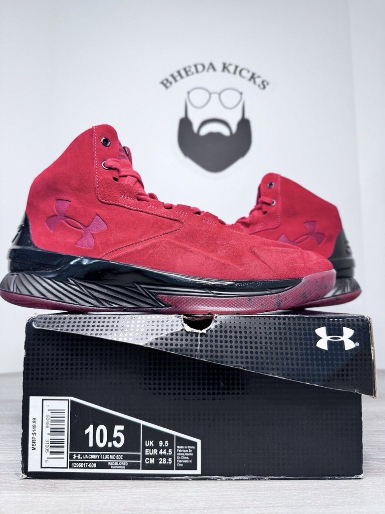 Size 10.5 - Under Armour Curry 1 Lux Mid Red Black Suede Basketball 1296617-600