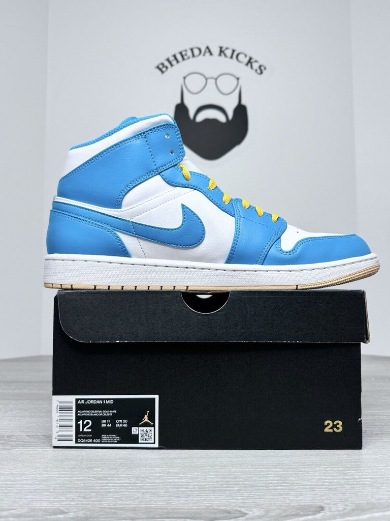 Size 12 - Air Jordan 1 Mid Aquatone Teal Tan White DQ8426-400 Preowned