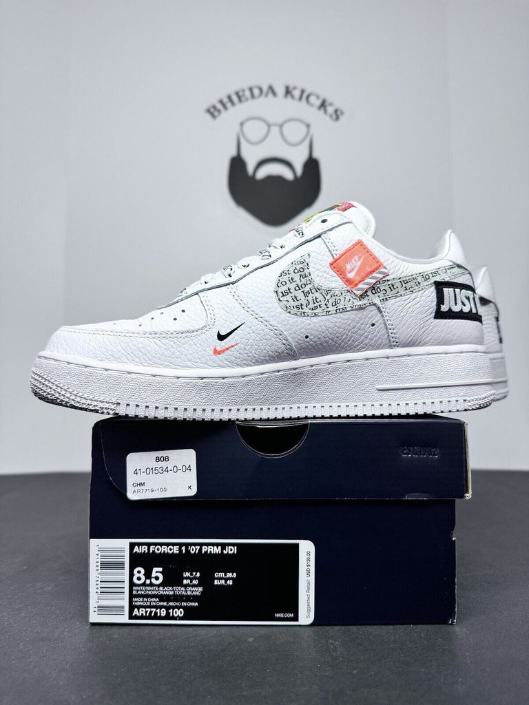 Nike Air Force One 1 Low PRM Just Do It AR7719-100 Preowned White Men's Size 8.5