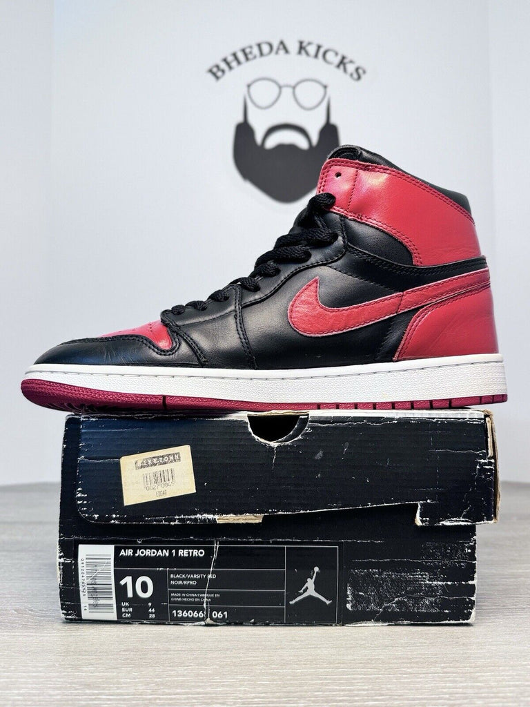 Size 10 - Air Jordan 1 Retro Bred 2001 Black Red Rare 136066-061 Preowned