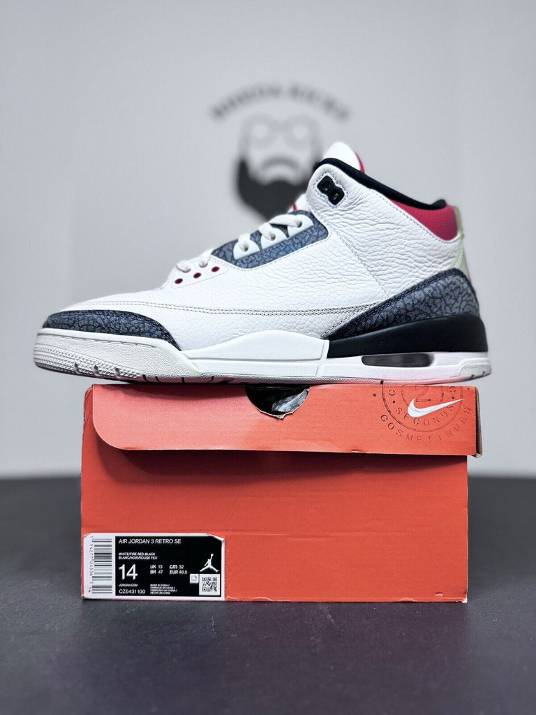 Air Jordan 3 Retro Denim SE CZ6431-100 White Fire Red Preowned Og Men’s Size 14