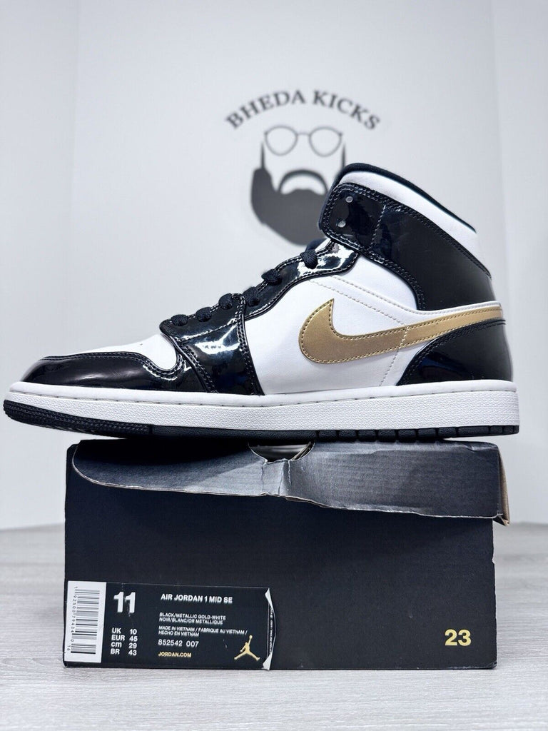 Size 11 - Jordan 1 Mid SE Patent Black Gold 852547-007 Preowned Authentic