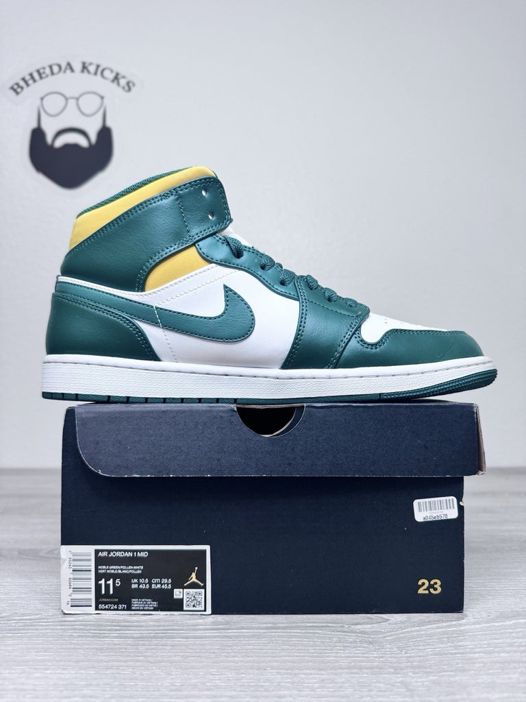 Size 11.5 - Nike Air Jordan 1 Mid Sonics Green White Yellow 554724-371 Preowned