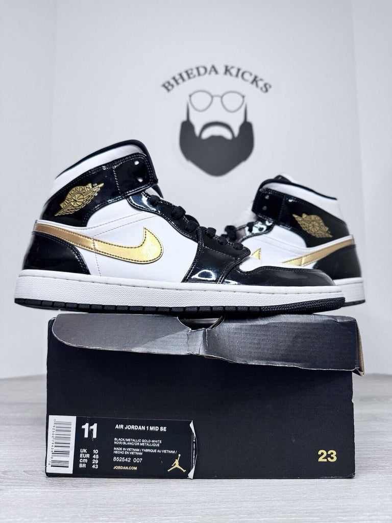 Size 11 - Jordan 1 Mid SE Patent Black Gold 852547-007 Preowned Authentic