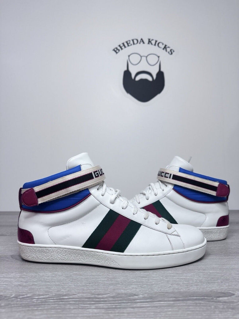 Size 9 - Gucci Stripe Ace High Top Sneakers White Preowned Authentic Rare