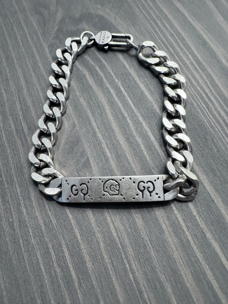 Authentic Gucci Silver 925 Skull GG Plate Bracelet 22cm Accessory Luxury