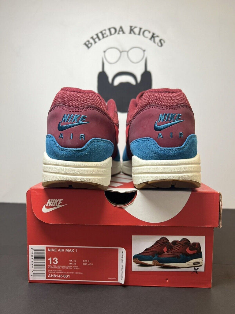 Nike Air Max 1 Burgundy Teal Men’s Size 13 Green Abyss AH8145-601 Preowned Rare