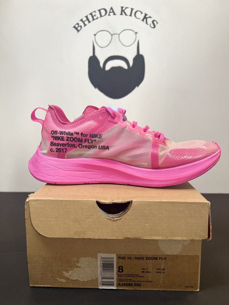 Nike Zoom Fly SP x OFF-WHITE Tulip ‘Pink’ Mens Size 8 Preowned AJ4588-600 Rare