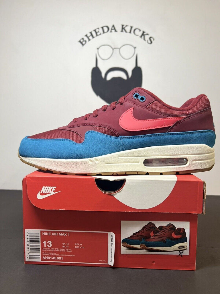 Nike Air Max 1 Burgundy Teal Men’s Size 13 Green Abyss AH8145-601 Preowned Rare