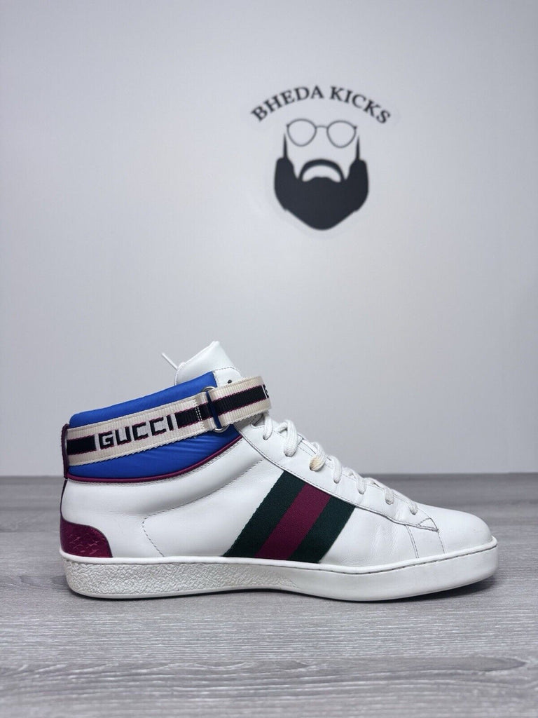 Size 9 - Gucci Stripe Ace High Top Sneakers White Preowned Authentic Rare