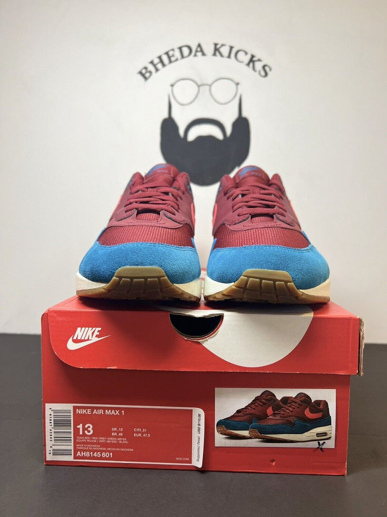 Nike Air Max 1 Burgundy Teal Men’s Size 13 Green Abyss AH8145-601 Preowned Rare