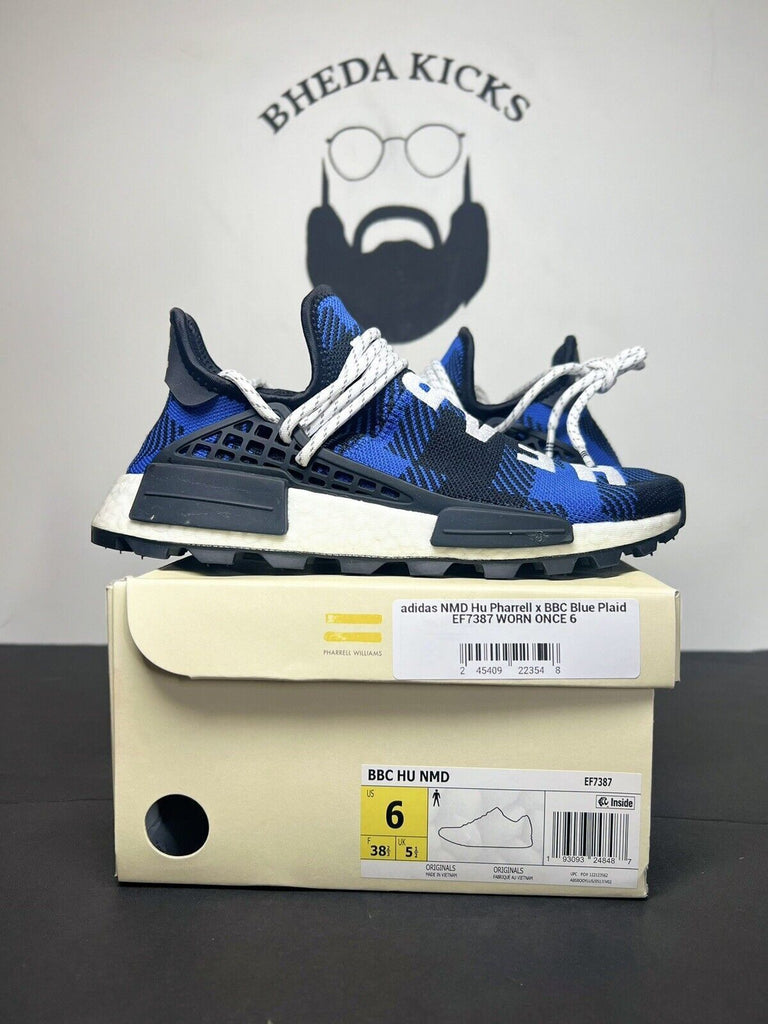 Adidas NMD Hu Pharrell x BBC Blue Plaid DS size 6 Sneakers (EF7387) Preowned Og