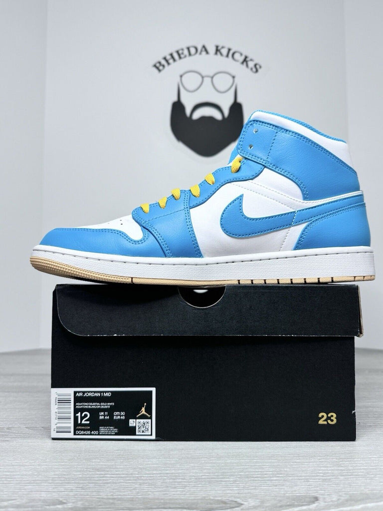 Size 12 - Air Jordan 1 Mid Aquatone Teal Tan White DQ8426-400 Preowned