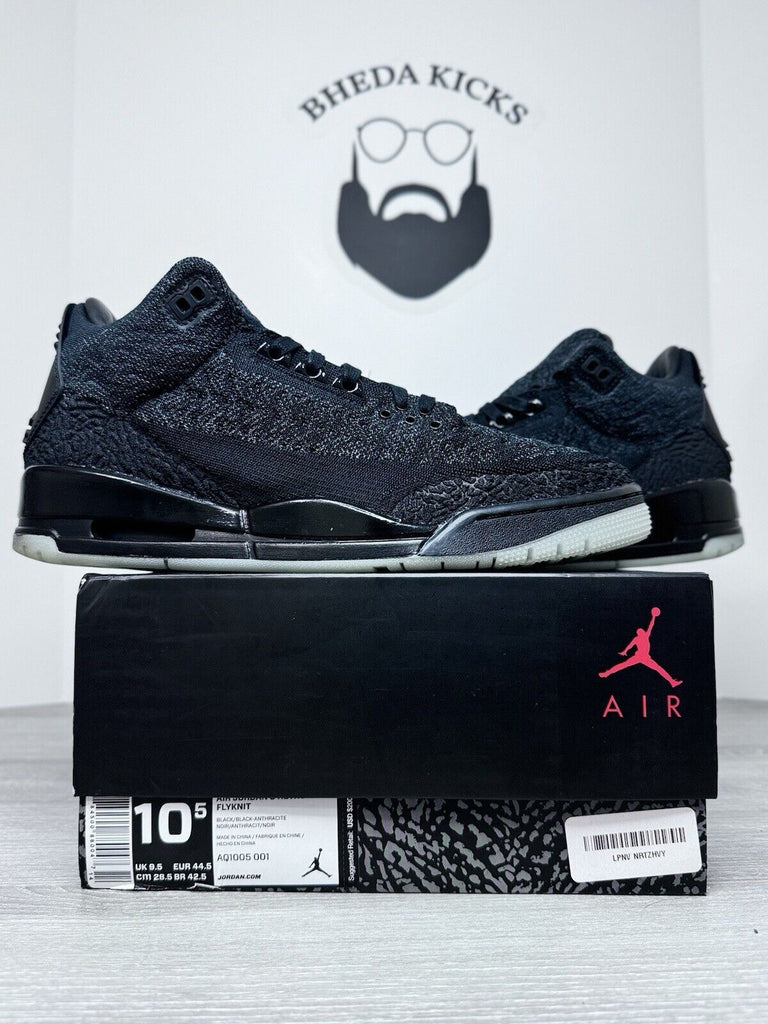 Size 10.5 - Nike Air Jordan 3 Retro Flyknit Black AQ1005-001 Preowned Authentic