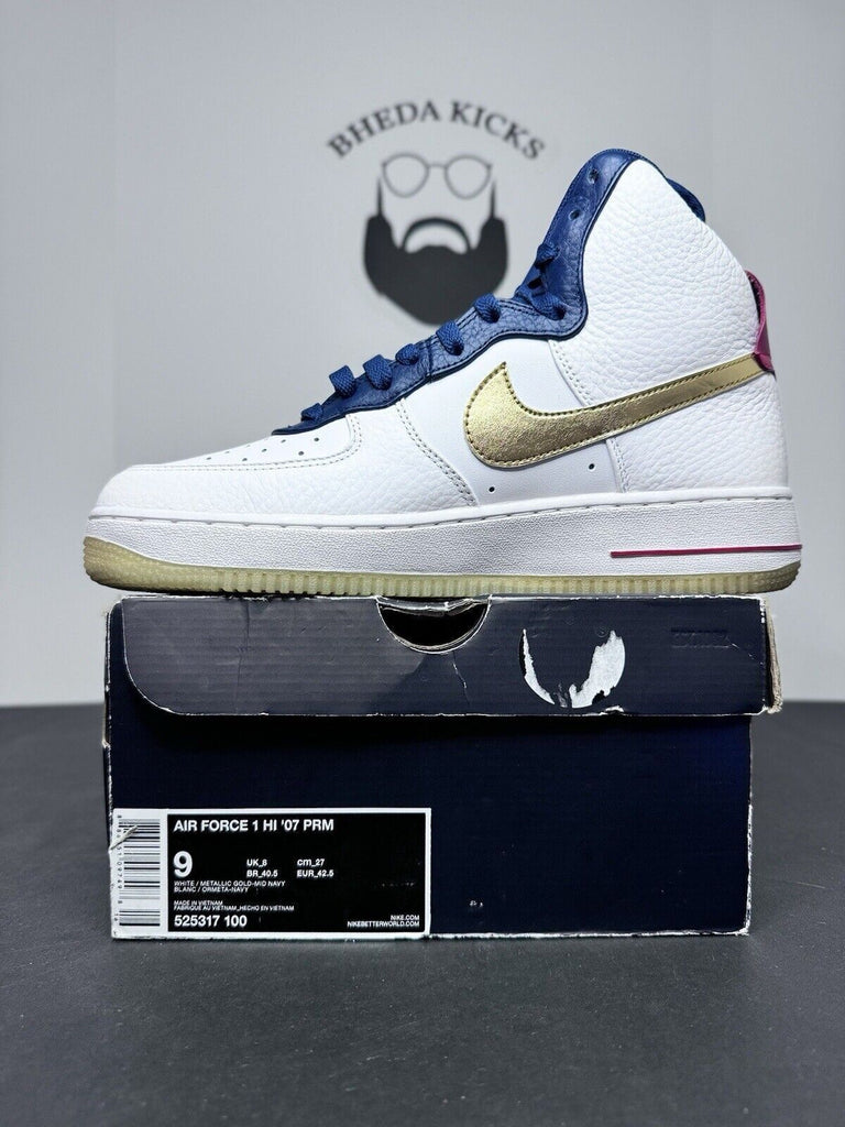 Nike Air Force 1 High Premium USA Olympic White Gold Midnight 525317-100 Size 9