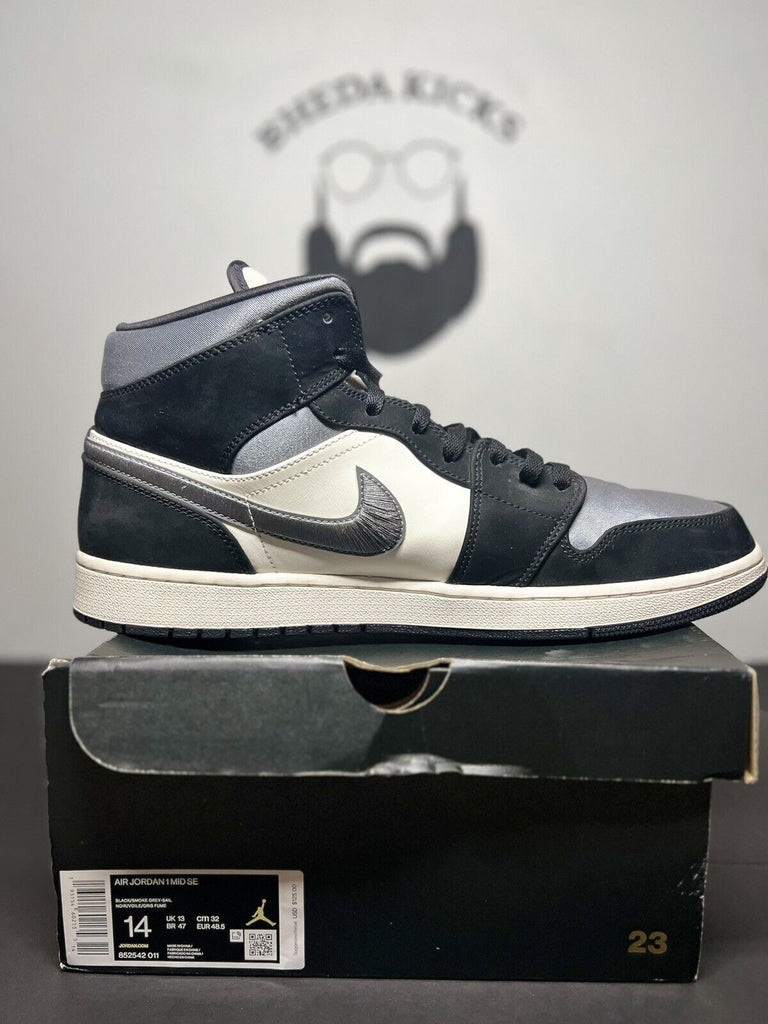 Nike Air Jordan 1 Mid SE Satin Smoke Grey Black Shoes 852542-011 Men's Size 14