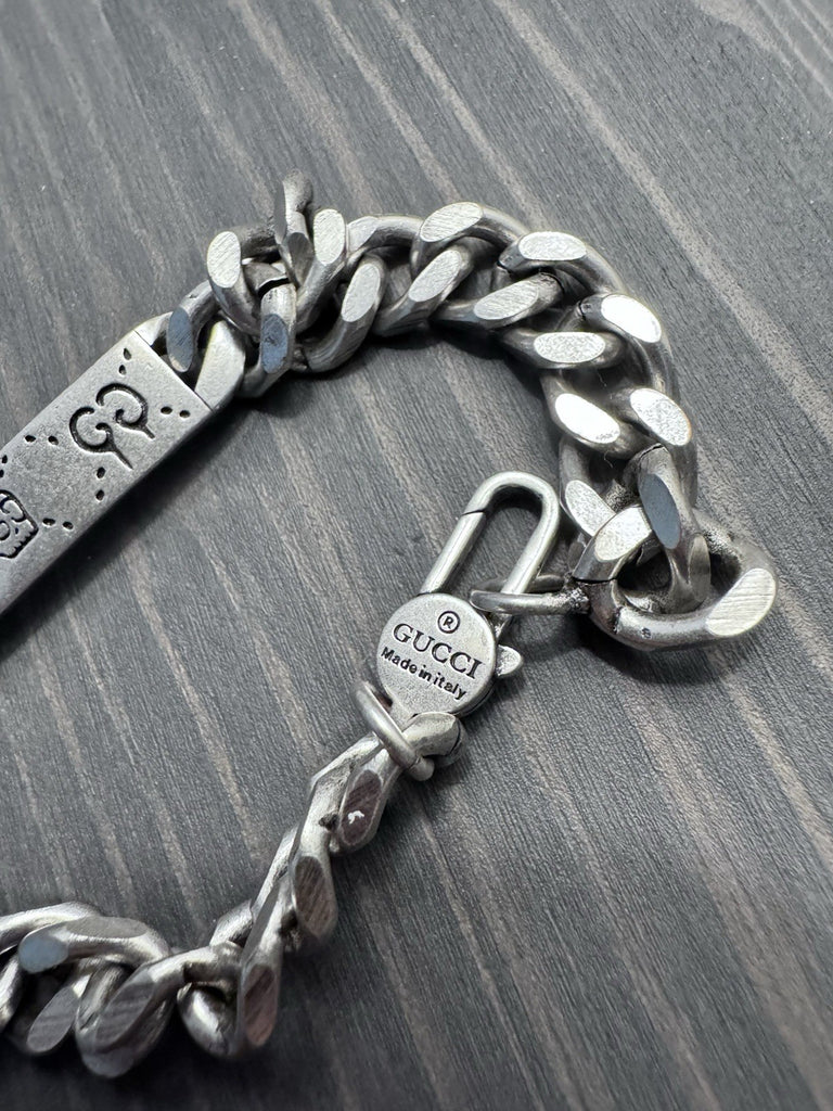 Authentic Gucci Silver 925 Skull GG Plate Bracelet 22cm Accessory Luxury