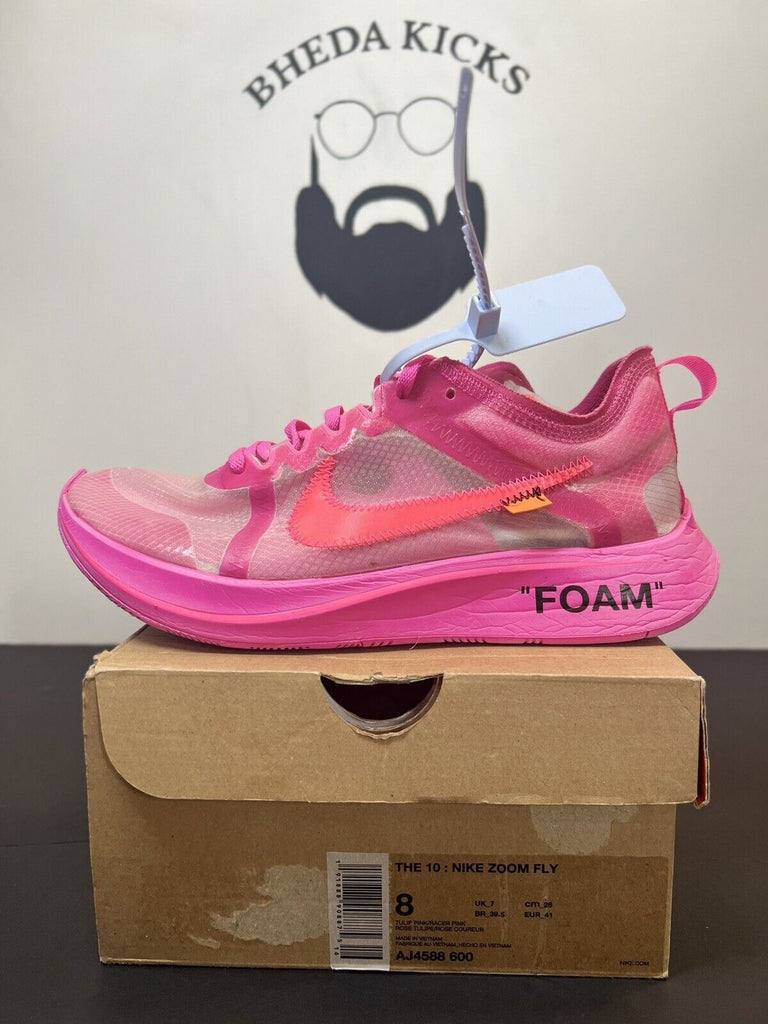 Nike Zoom Fly SP x OFF-WHITE Tulip ‘Pink’ Mens Size 8 Preowned AJ4588-600 Rare