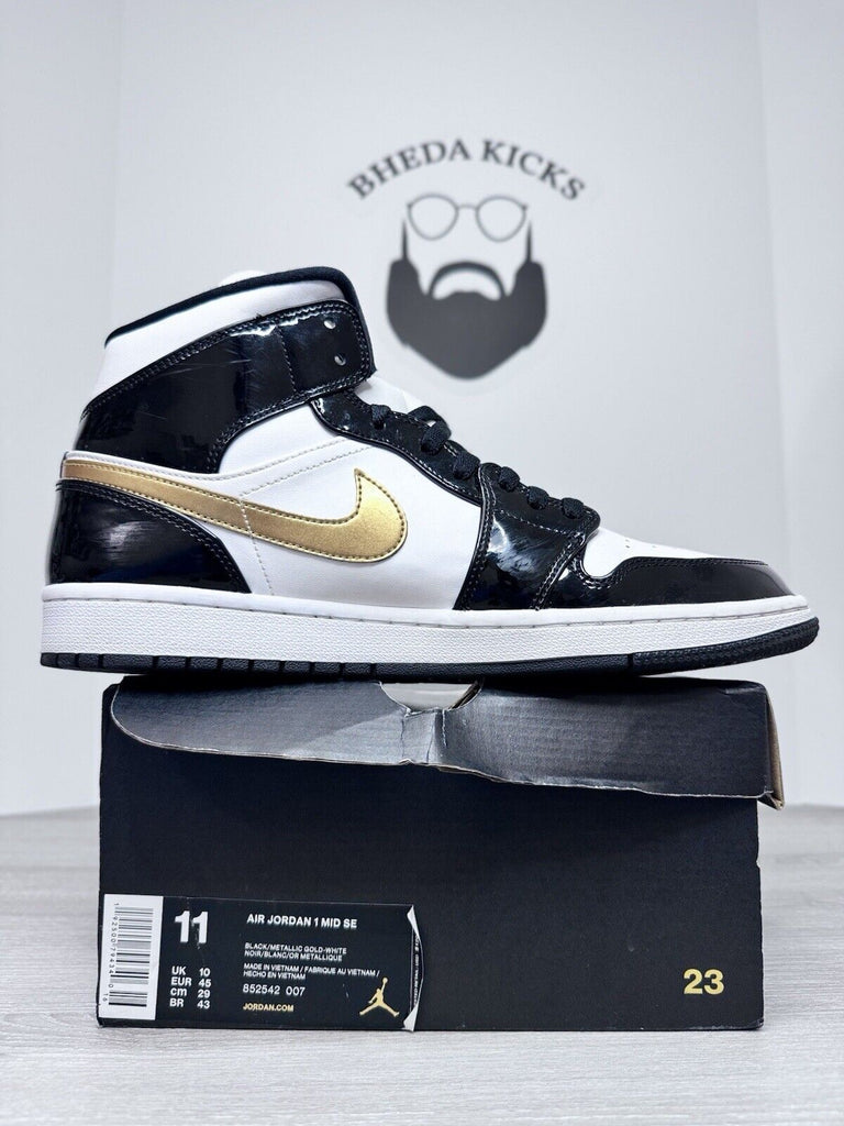 Size 11 - Jordan 1 Mid SE Patent Black Gold 852547-007 Preowned Authentic