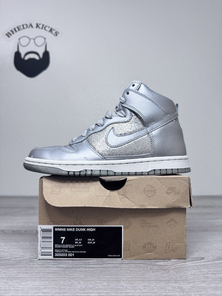 Size 7W - Nike Womens Dunk High Metallic Shoe Silver Sparkle High 325203-001