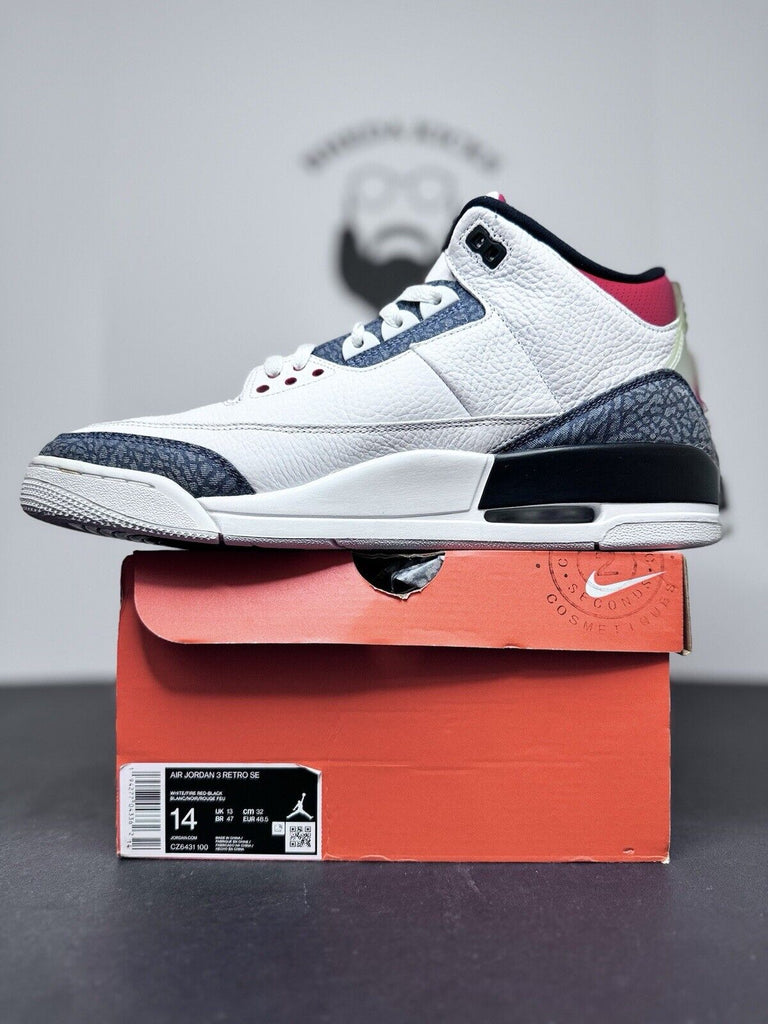 Air Jordan 3 Retro Denim SE CZ6431-100 White Fire Red Preowned Og Men’s Size 14