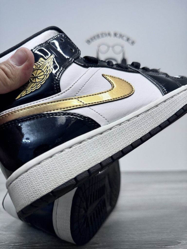 Size 9 - Jordan 1 Mid SE Patent Black Gold 852547-007 Preowned Authentic