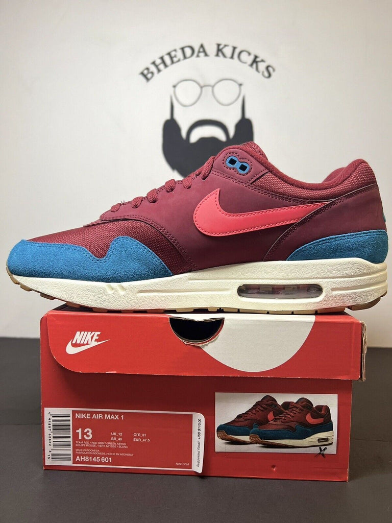 Nike Air Max 1 Burgundy Teal Men’s Size 13 Green Abyss AH8145-601 Preowned Rare