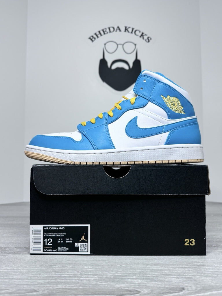 Size 12 - Air Jordan 1 Mid Aquatone Teal Tan White DQ8426-400 Preowned