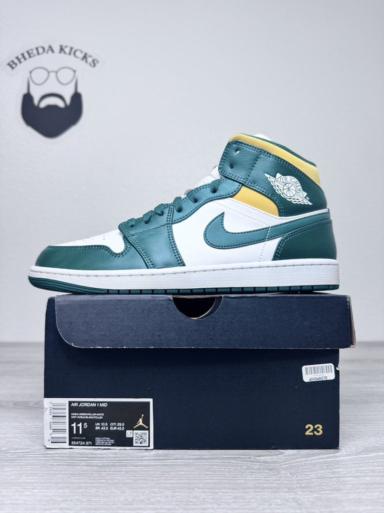 Size 11.5 - Nike Air Jordan 1 Mid Sonics Green White Yellow 554724-371 Preowned