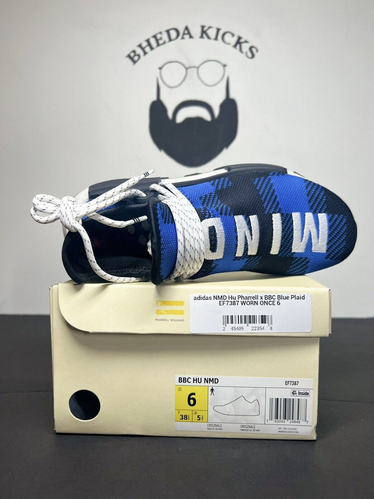 Adidas NMD Hu Pharrell x BBC Blue Plaid DS size 6 Sneakers (EF7387) Preowned Og