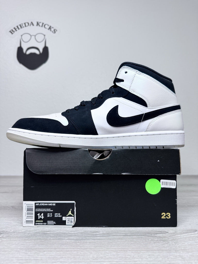 Size 14 - Nike Air Jordan 1 Mid Diamond White Black DH6933-100 Mens Sneakers