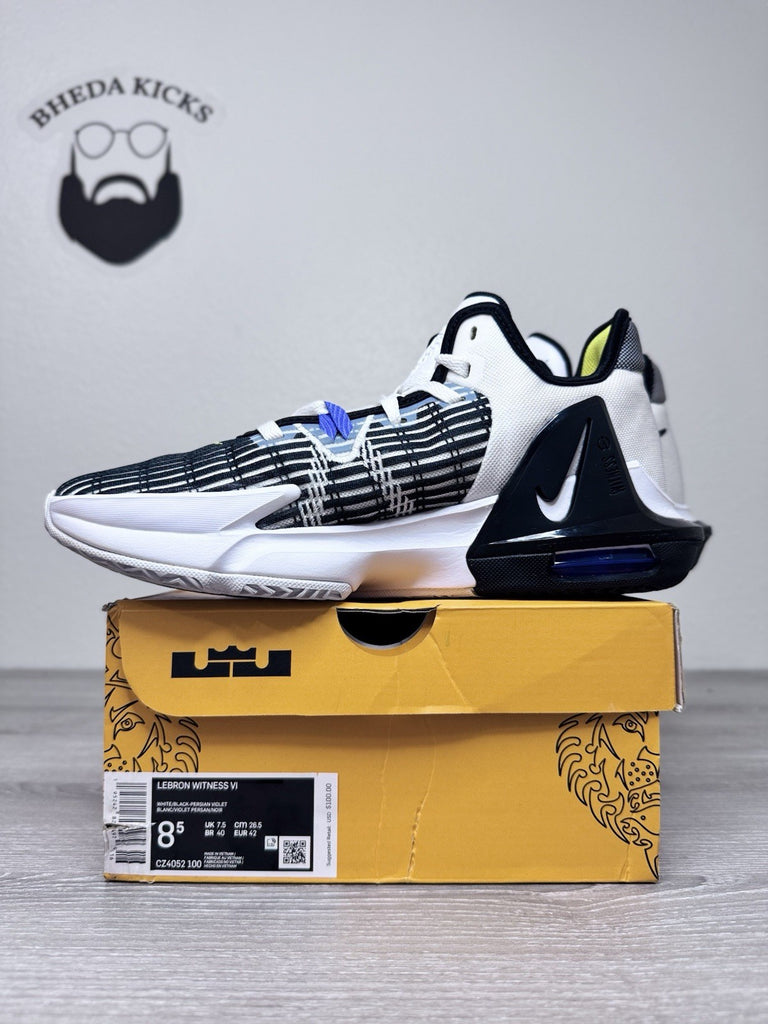 Size 8.5 - Nike LeBron Witness VI Athletic Shoes White Black Violet CZ4052-100