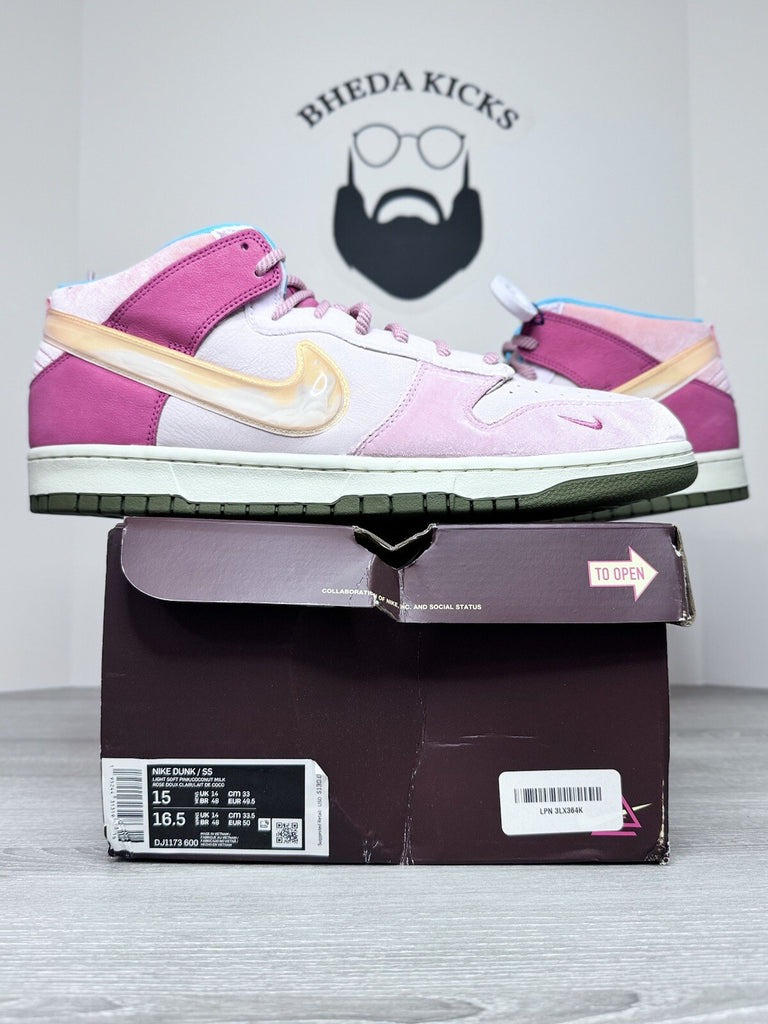Size 15 - Nike Social Status x Dunk Mid strawberry Milk' DJ1173-600 Men's NEW DS