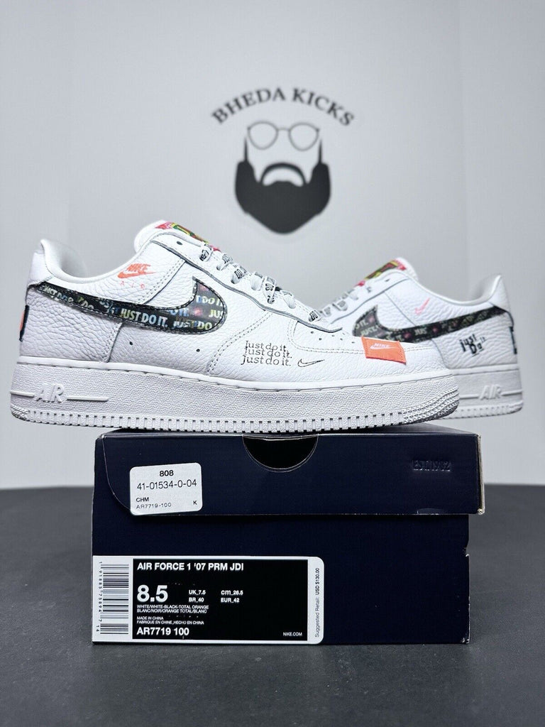 Nike Air Force One 1 Low PRM Just Do It AR7719-100 Preowned White Men's Size 8.5