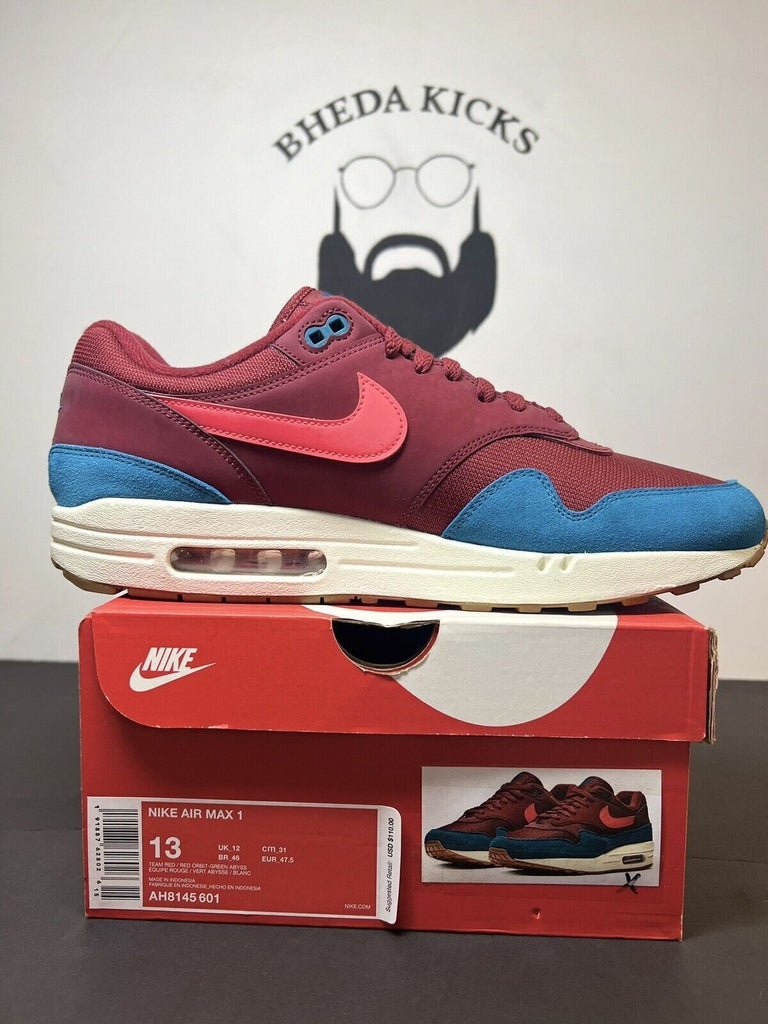 Nike Air Max 1 Burgundy Teal Men’s Size 13 Green Abyss AH8145-601 Preowned Rare