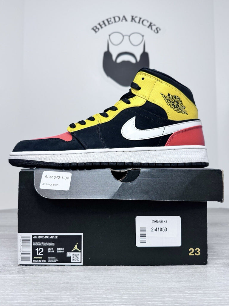 Size 12 - Nike Air Jordan 1 Mid SE Men's 852542-087 Black Amarillo Orange Shoes